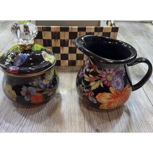Mackenzie Childs Black Flower Market Enamel Sugar/Creamer Set